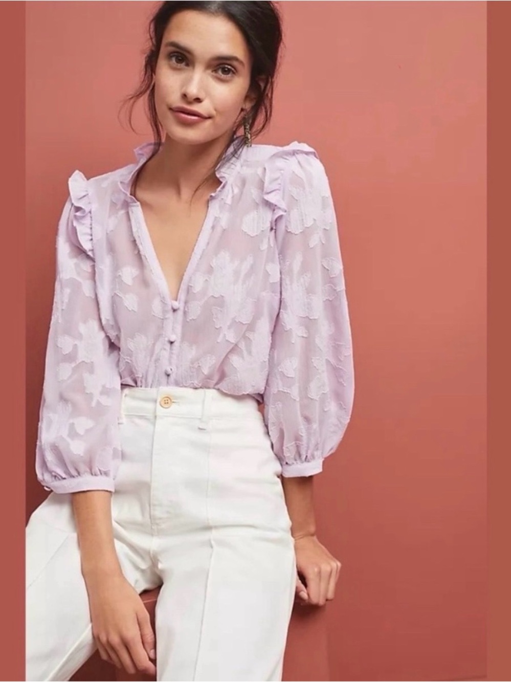Anthropologie Maeve Sheer Floral Blouse Lavender Size 8